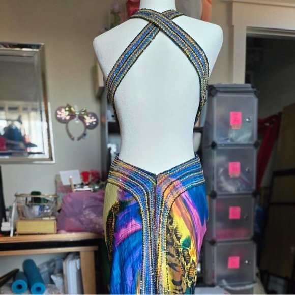 La Femme Maxi Silk Multicolor Backless Sequin Gown Dress Size 6 - Picture 5 of 16